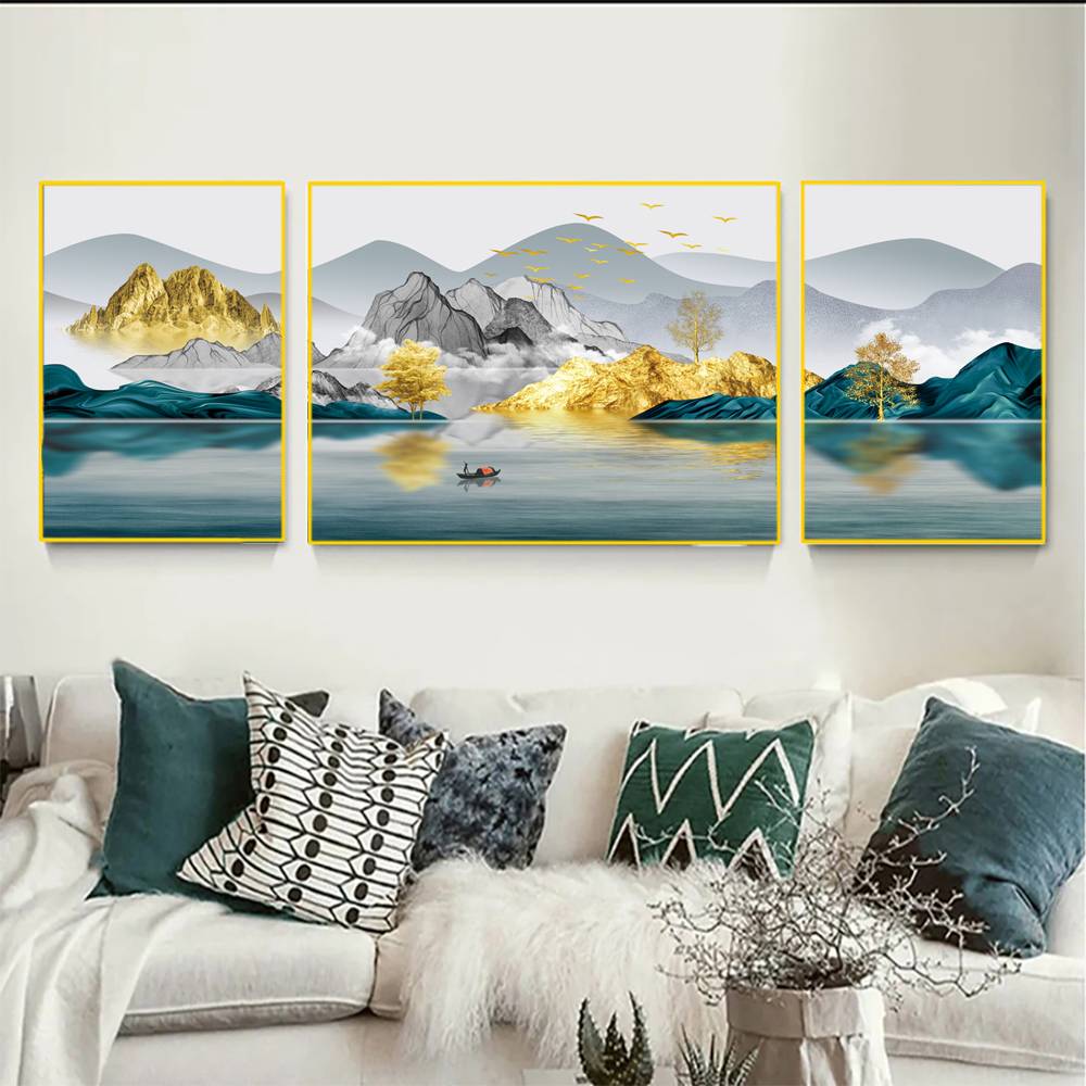 KT203晶瓷镶钻富水金山现代新中式山水挂画客厅沙发背景墙挂画