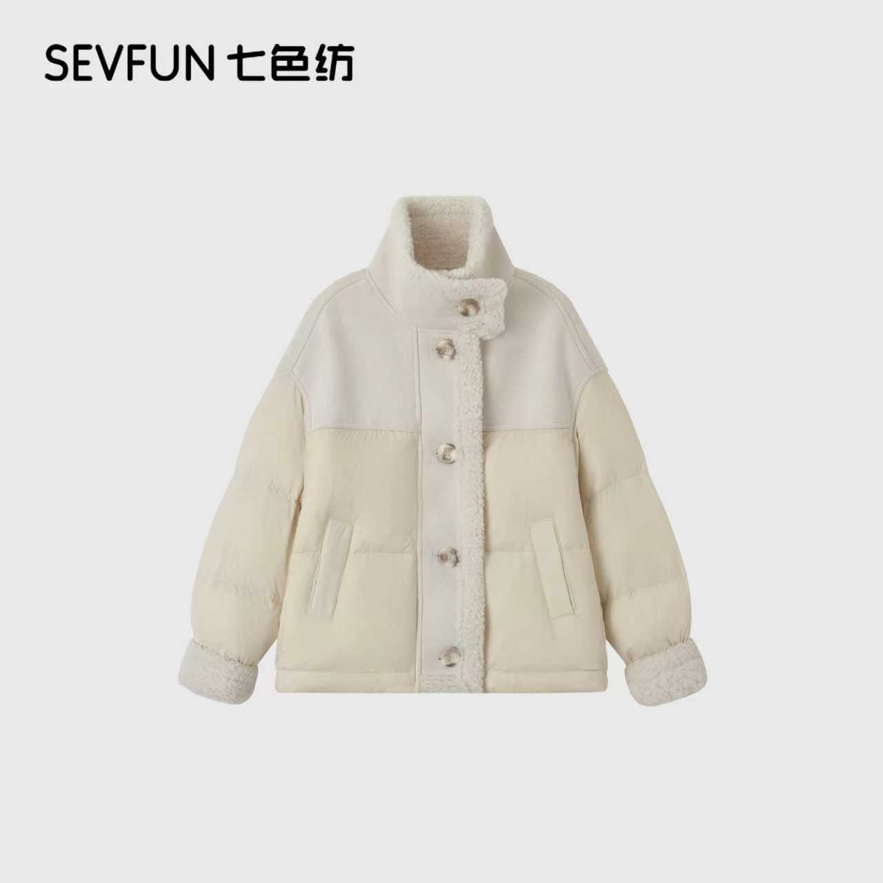 七色纺慵懒风甜美时尚羊羔毛拼接白鸭绒女士冬季新款百搭QSF-1230