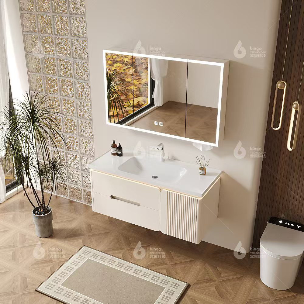 H001奶油风橡胶木实木浴室柜陶瓷一体盆浴室柜组合卫生间洗漱台