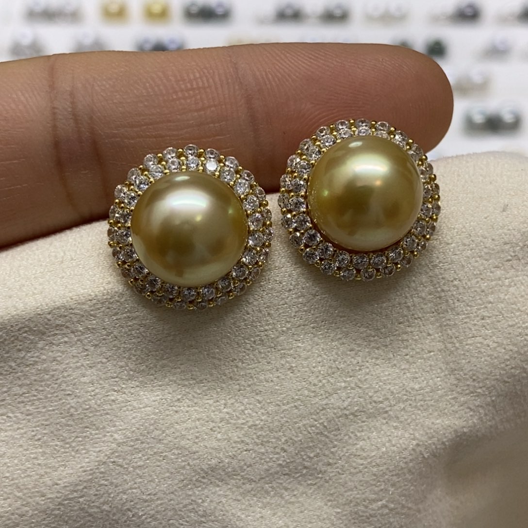 银S925镶嵌耳饰海水珍珠金珠耳饰11.8m m