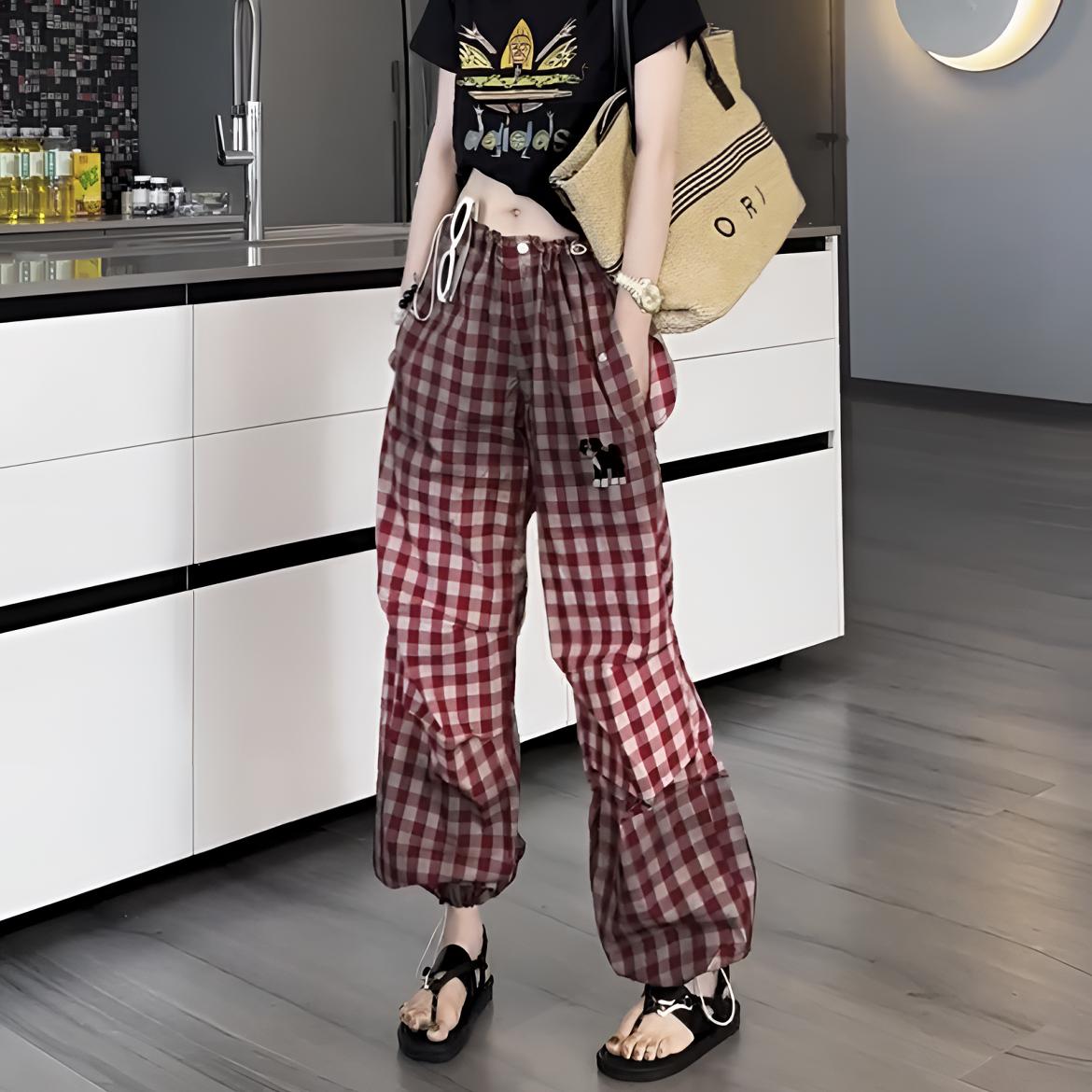夏季潮流爆款阔腿直筒格子裤韩版高腰束脚透气休闲棋盘格长裤女