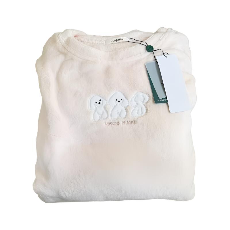 525#冬季加绒加厚保暖家居服甜美风圆领长袖长裤睡衣女套装