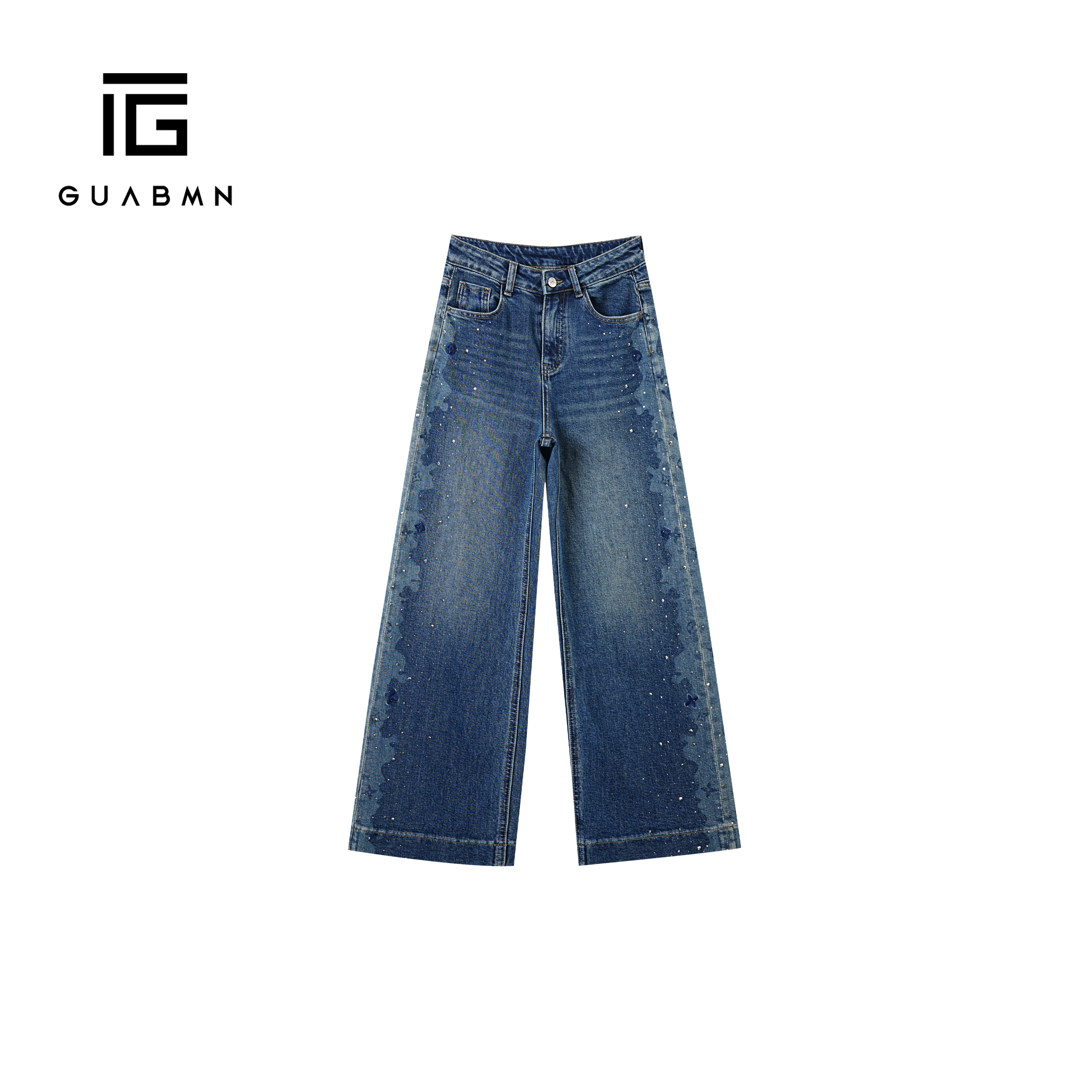 GUABMN2025秋季新款烫钻牛仔直筒裤高腰宽松显瘦拖地长裤5693