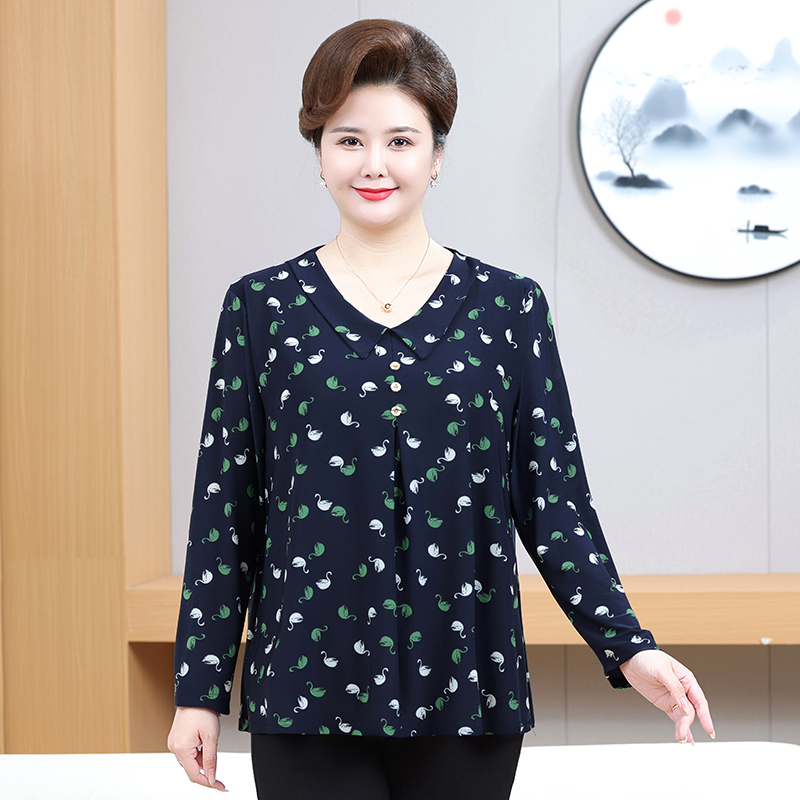 时尚妈妈装春秋长袖T恤女宽松大码显瘦娃娃领翻领减龄上衣女