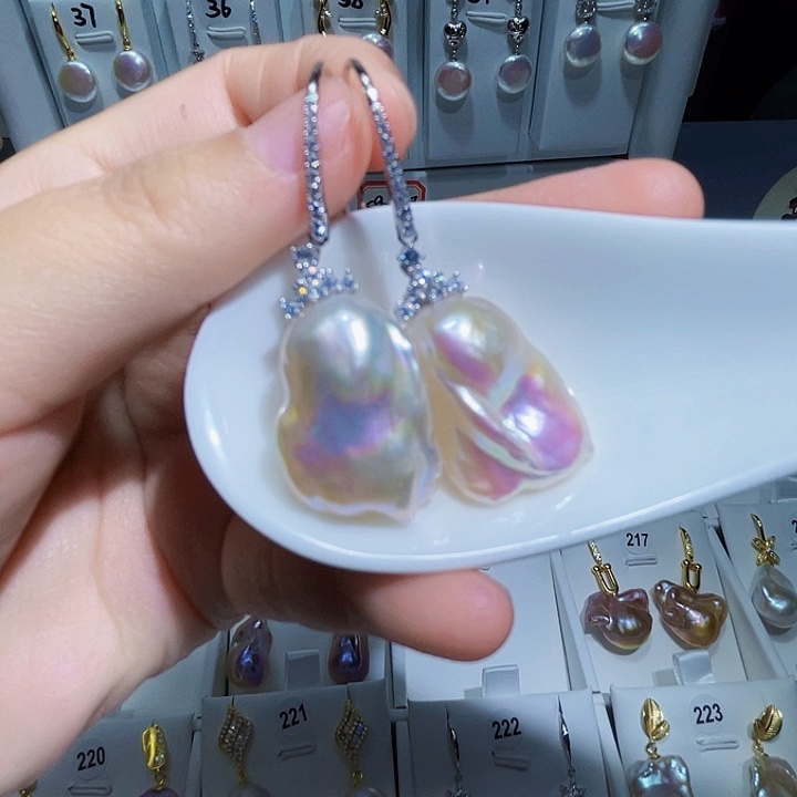 淡水珍珠耳饰银S925镶嵌波*猫