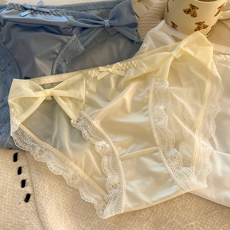 性感缎面网纱蕾丝高开叉内裤女低腰甜美蝴蝶结透气三角裤头法式