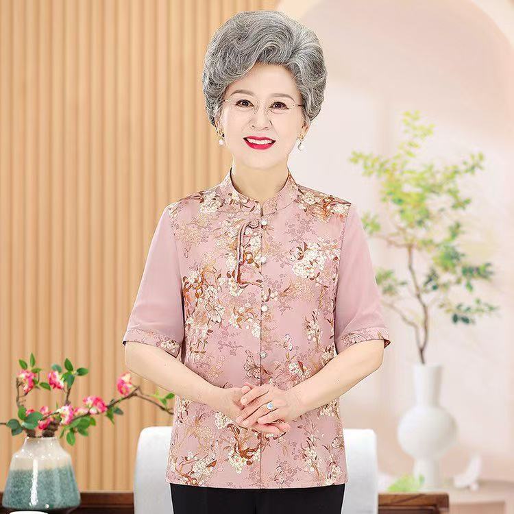 9473-夏季新款立领妈妈装休闲中袖中老年薄款老年人衬衫