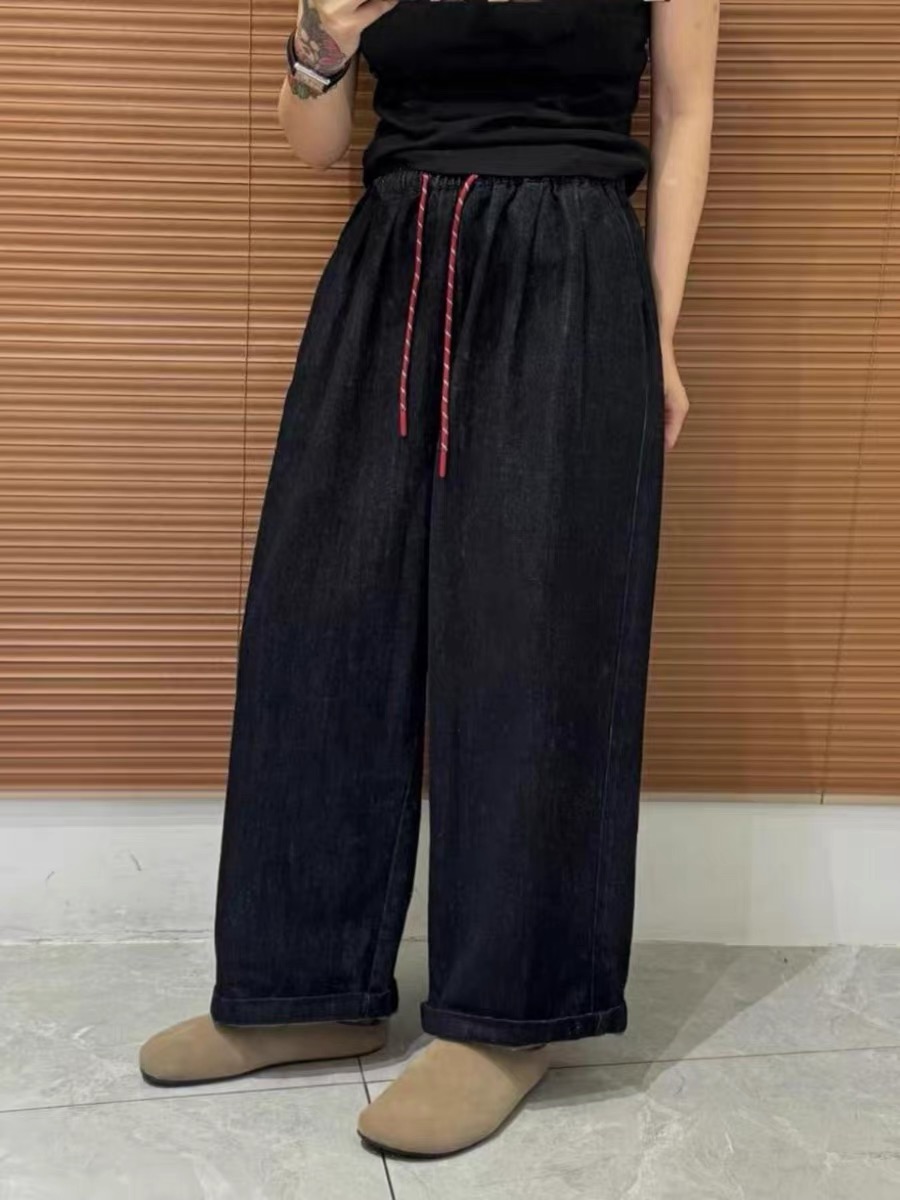 【小雪服饰】休闲百搭宽松红绳加绒阔腿牛仔裤11679