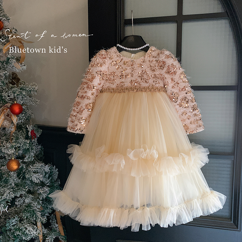 【本妈】25冬”花中影"女童袖子加厚+加绒亮片网纱连衣裙60199