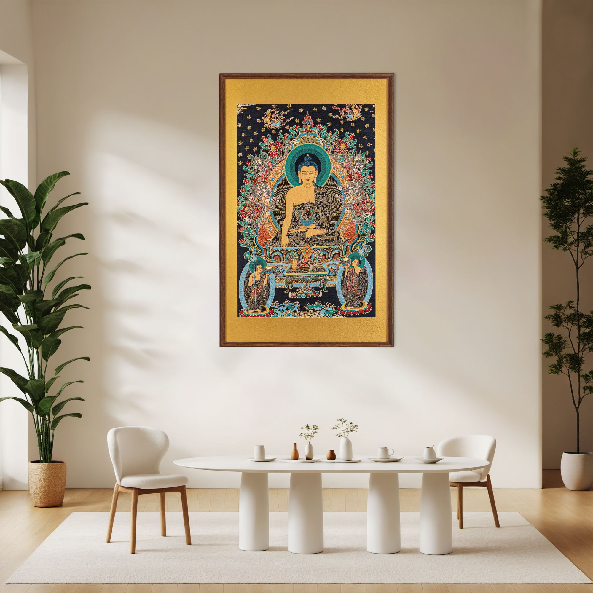 释迦摩尼彩唐全国包安装刺绣唐卡挂画办公室茶室玄关背景墙装饰画