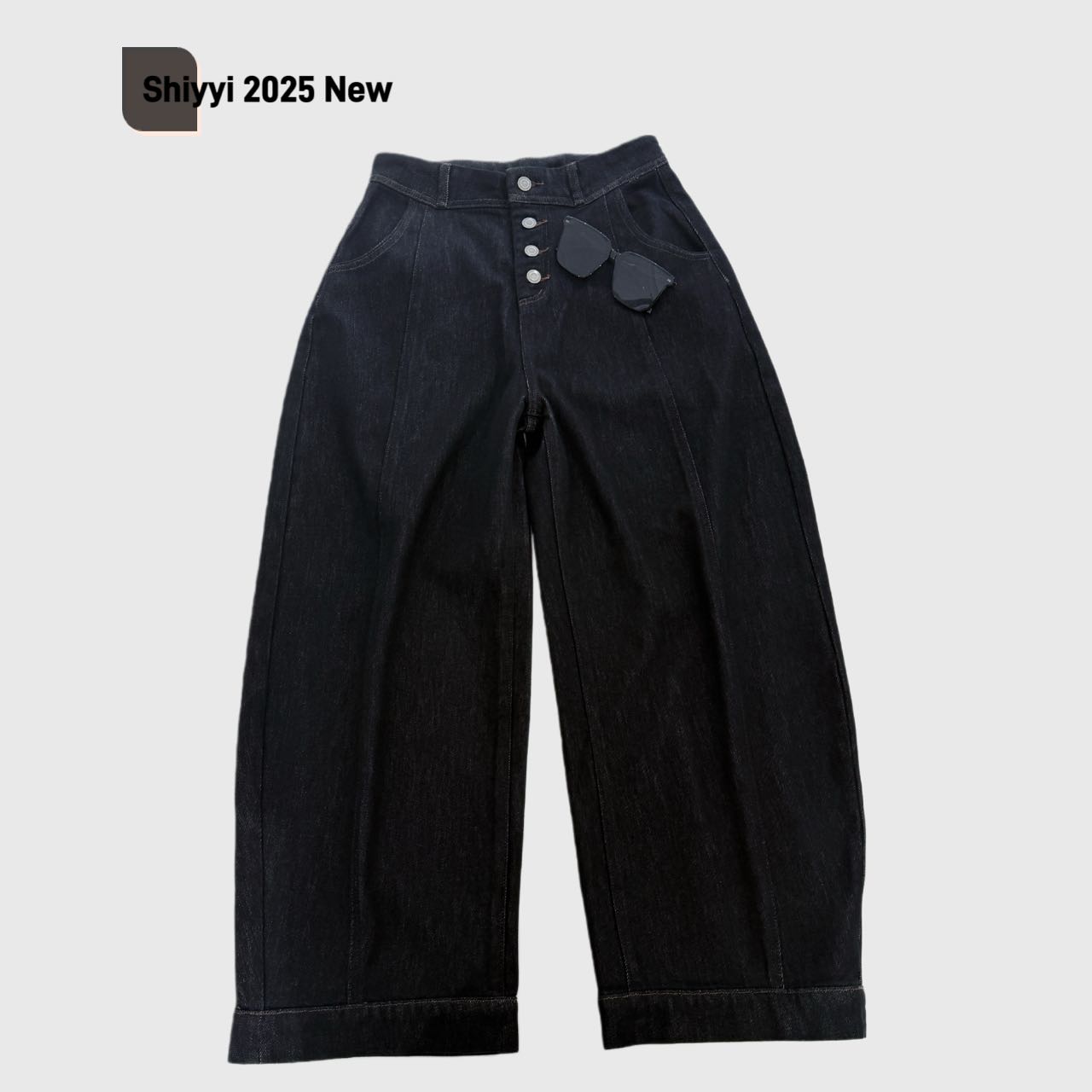 韩版加厚拉链阔腿裤美式休闲风牛仔裤设计感时尚宽松纽扣设计师款