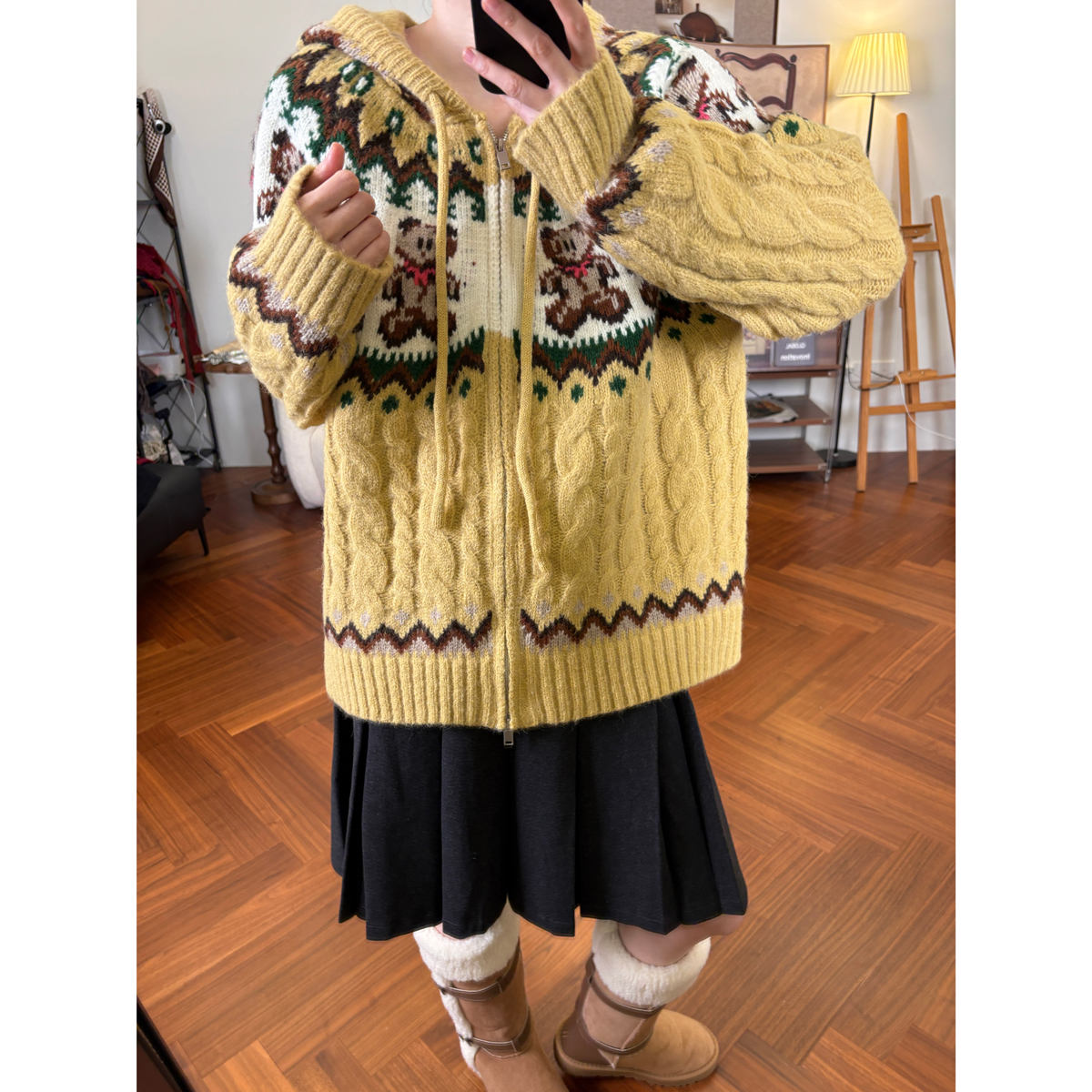 复古新年红小熊连帽毛衣外套女韩版秋冬新款宽松百搭显瘦针织开衫