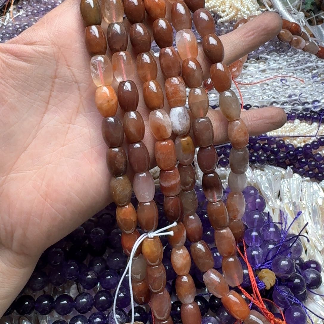 合金玛瑙/玉髓珠宝半成品一条10x14mm红兔毛桶珠