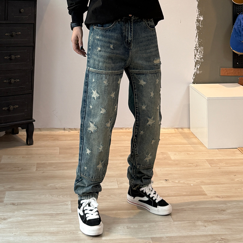 秋冬重磅拼接水洗男士牛仔裤束脚哈伦裤水洗做旧破洞休闲长裤百搭