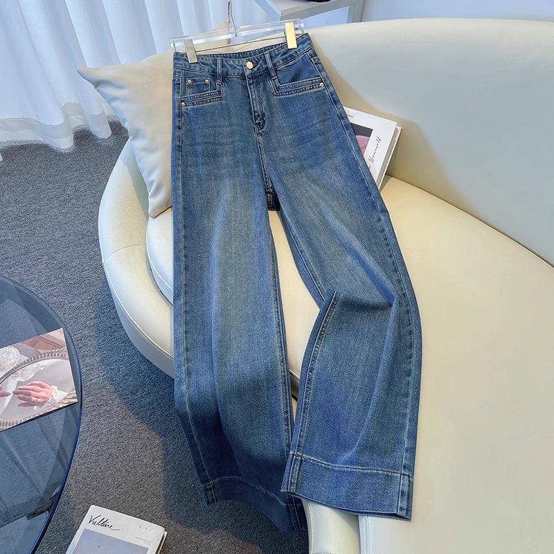 拉夏贝尔阔腿裤女春秋2025年新款高腰小个子显腿长窄版牛仔直筒裤