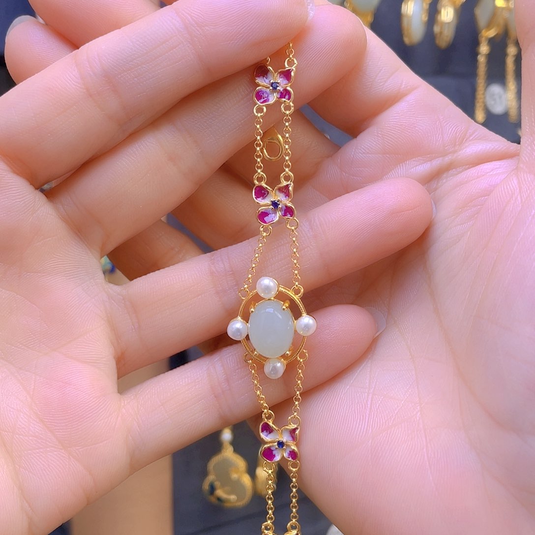 和田玉手链银S925镀金镶嵌