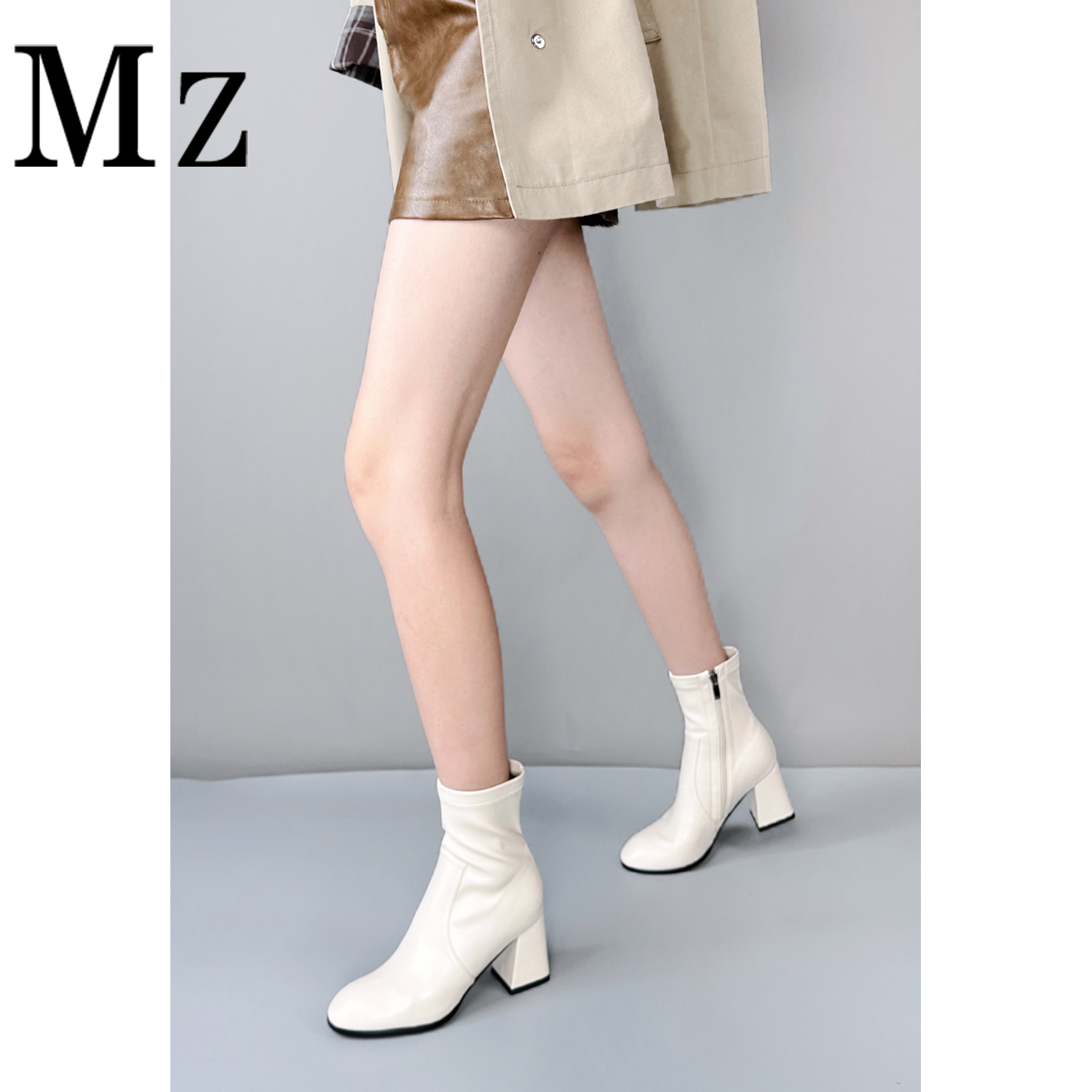 Mr.Zheng/7cm/粗跟圆头侧拉链弹力瘦瘦靴简约气质秋冬百搭女短靴