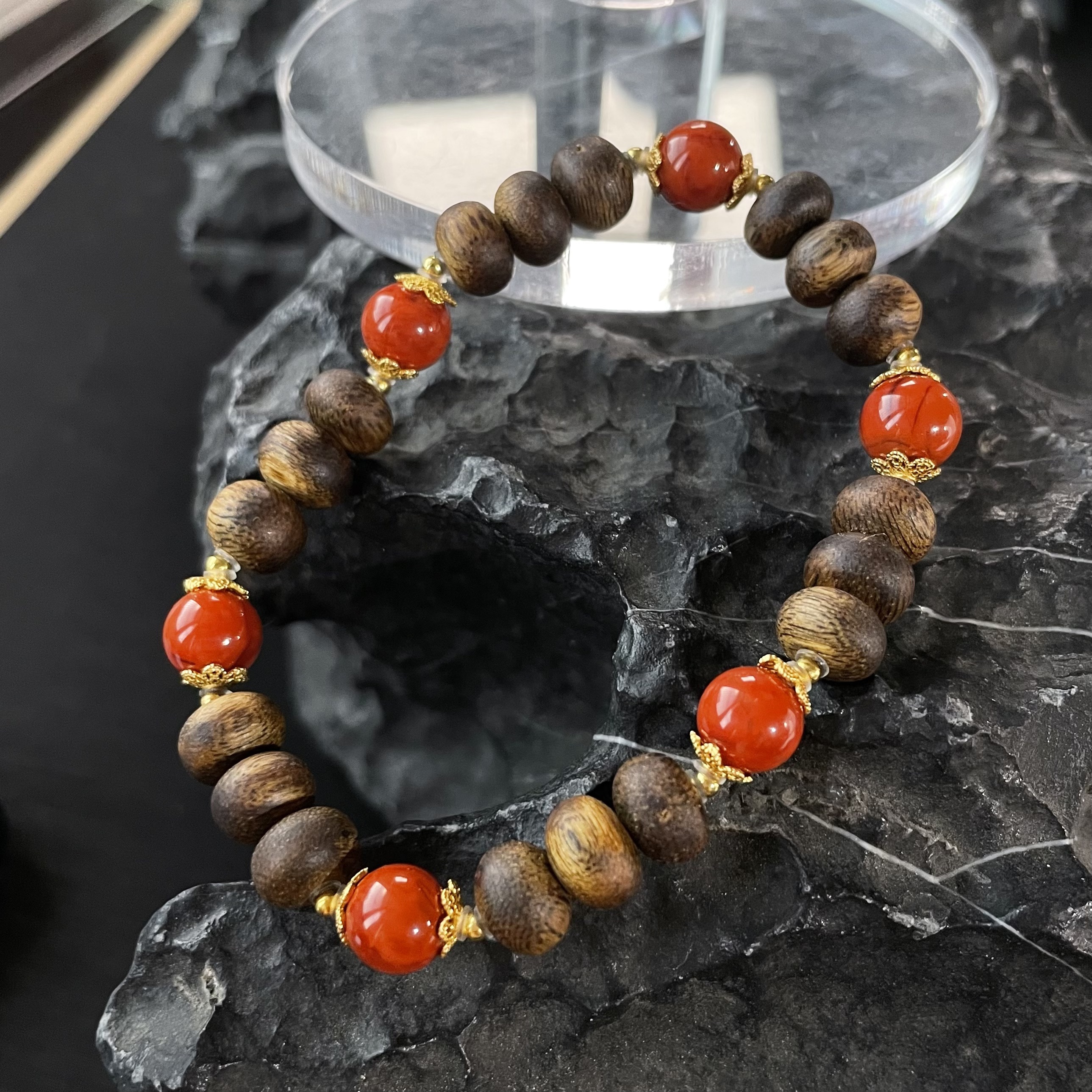 满结油沉香算盘珠火焰纹南红手串s925 KT25070808