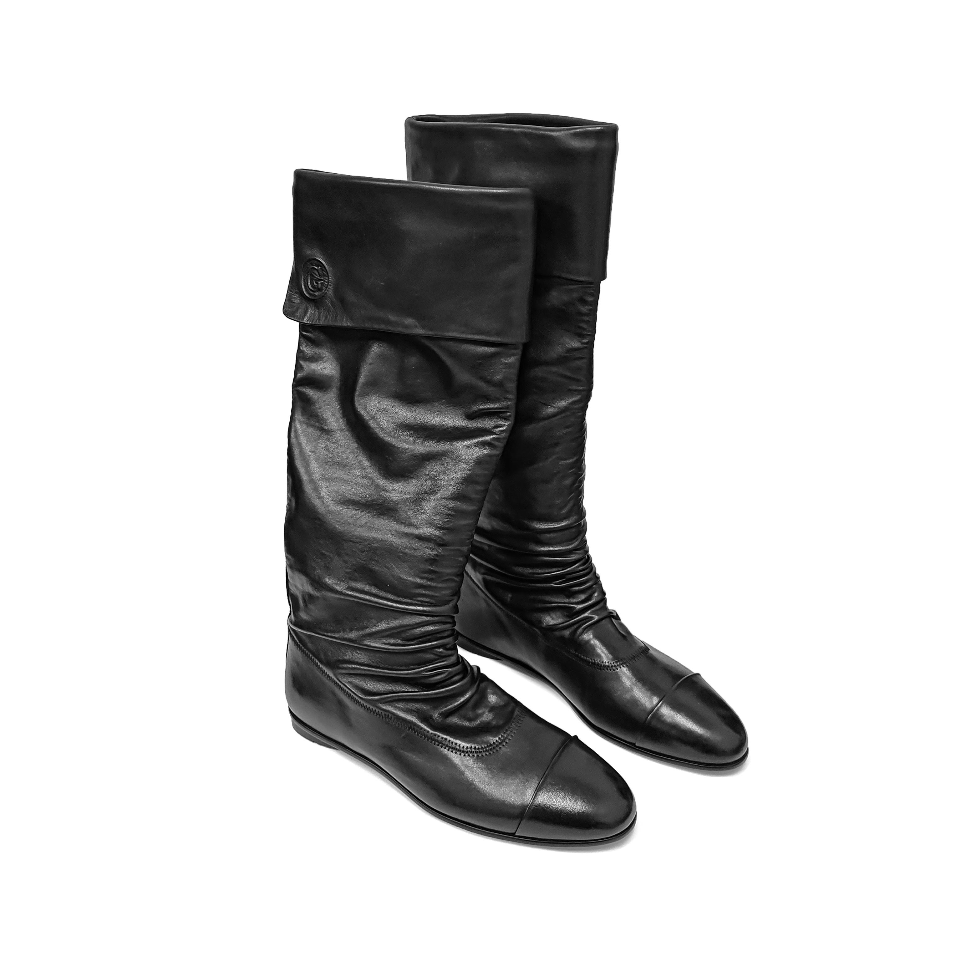 百搭时尚时装靴黑色新款圆头马皮平底高筒女过膝堆堆靴