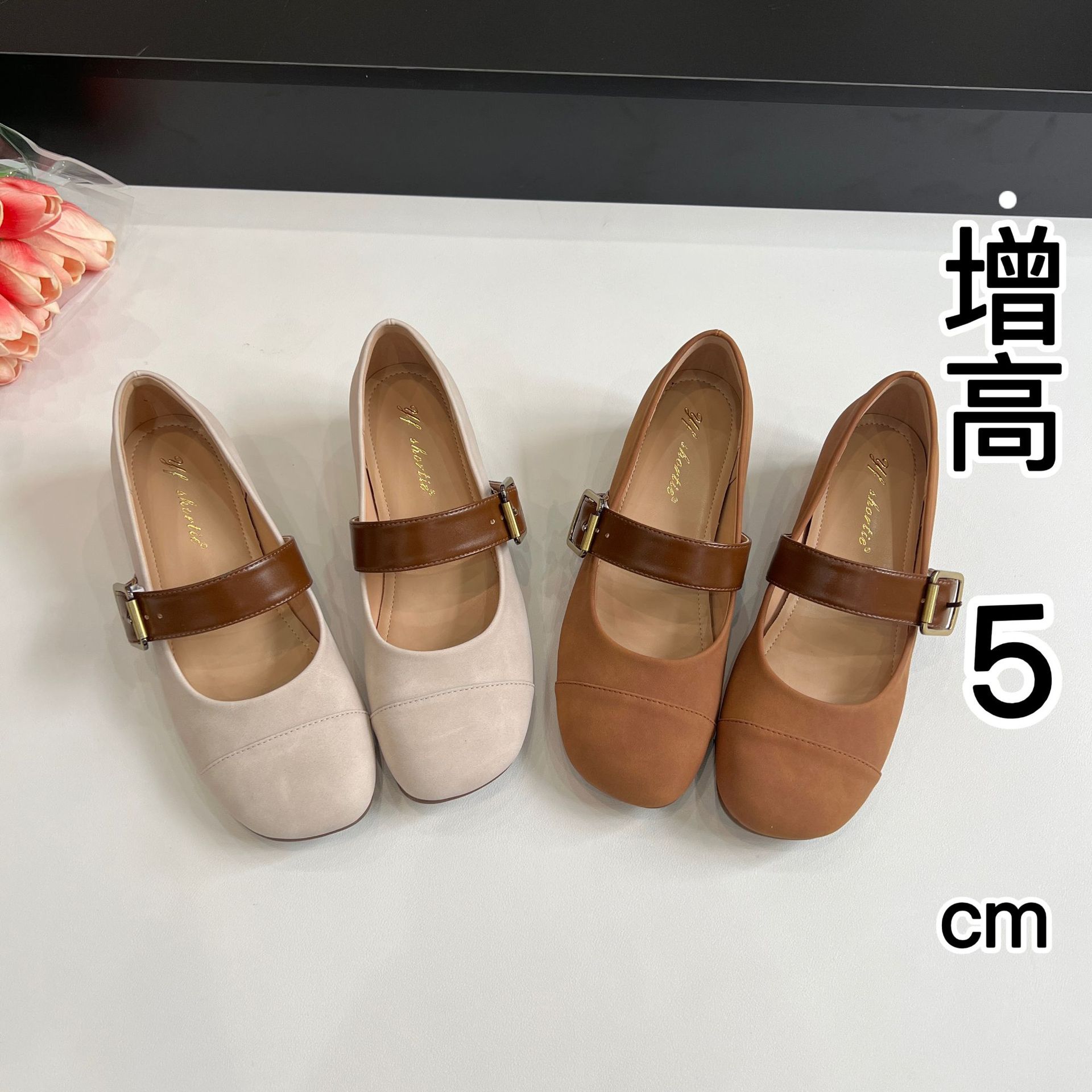 小个子内5CM女鞋法式金属扣一字带方头浅口单鞋夏季配裙子的鞋子