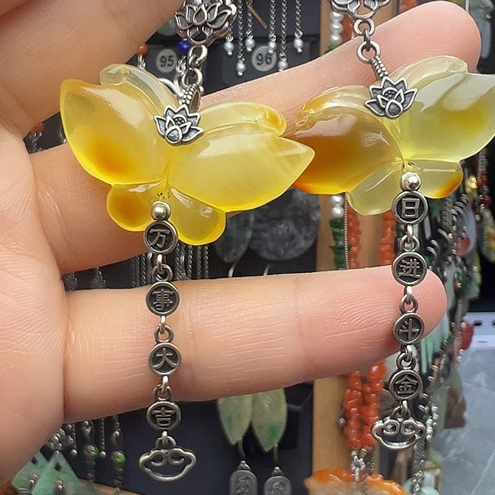 插***雪琥珀银S925镶嵌耳饰