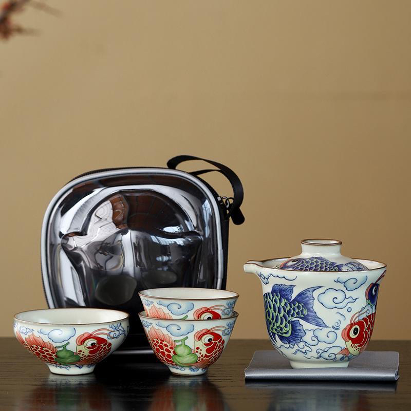 汝窑龙鱼旅行套装车载户外复古中式一壶三杯泡茶主人杯便携式套装