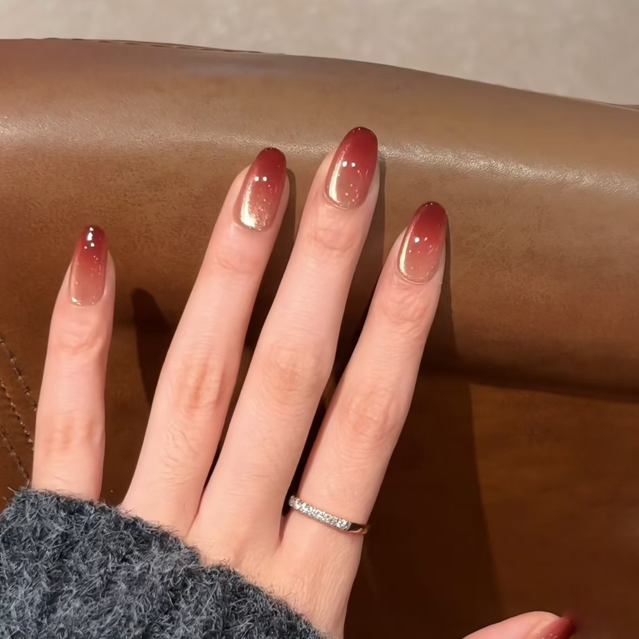 948-2中长款渐变红茶猫眼30片装穿戴美甲成品假指甲贴片简约百搭