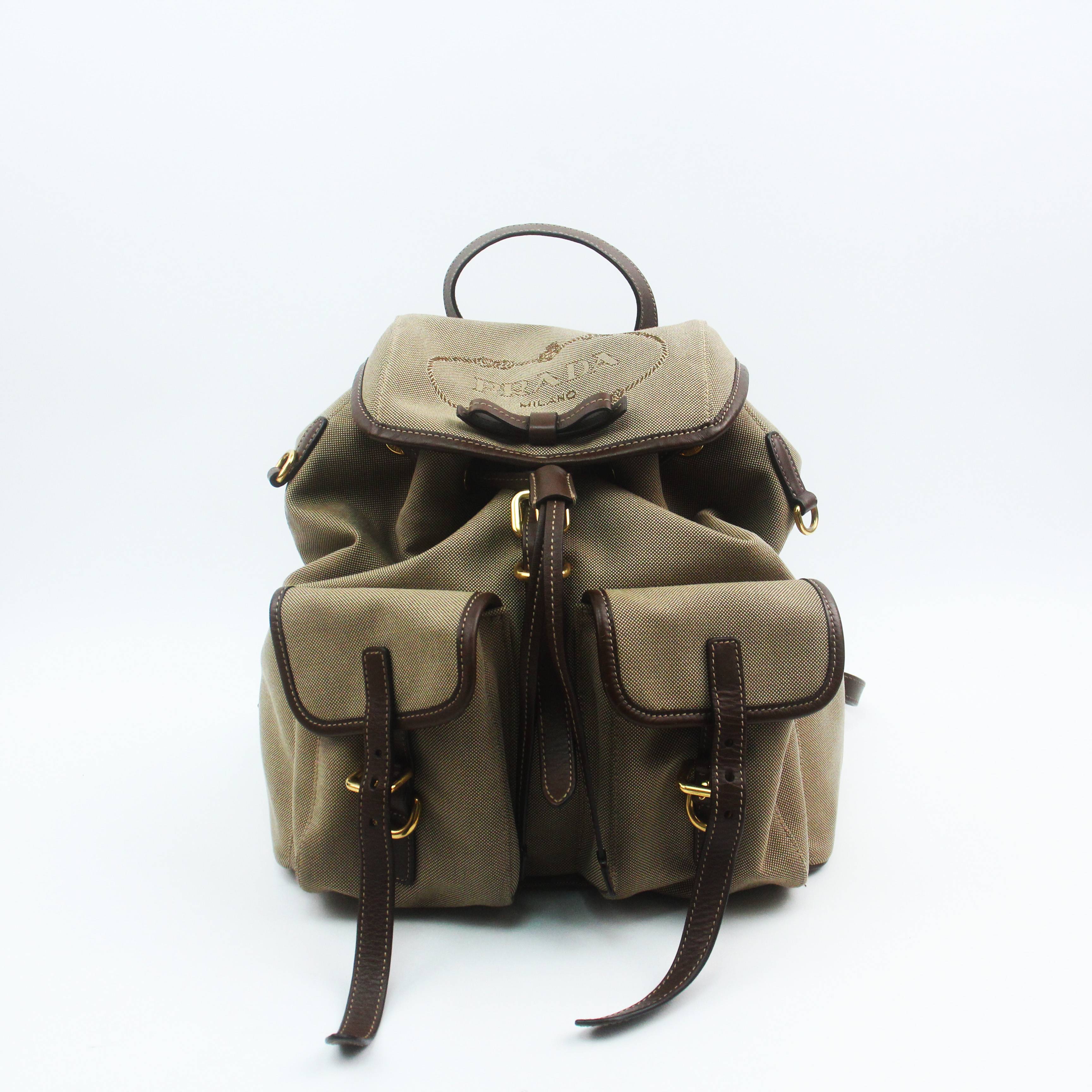 95新 Prada/普拉达 81271B 普拉达浅咖色帆布双肩包