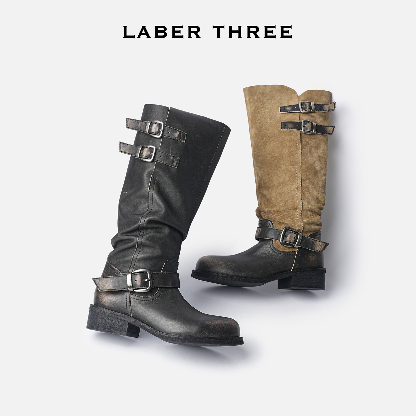 LABERTHREE流光风沙丘废土风绕带长筒靴都市酷感堆堆筒时尚靴子