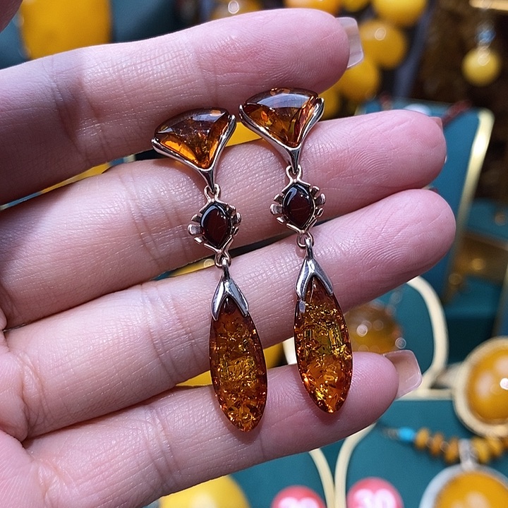 琥珀（花珀）耳饰银S925镶嵌