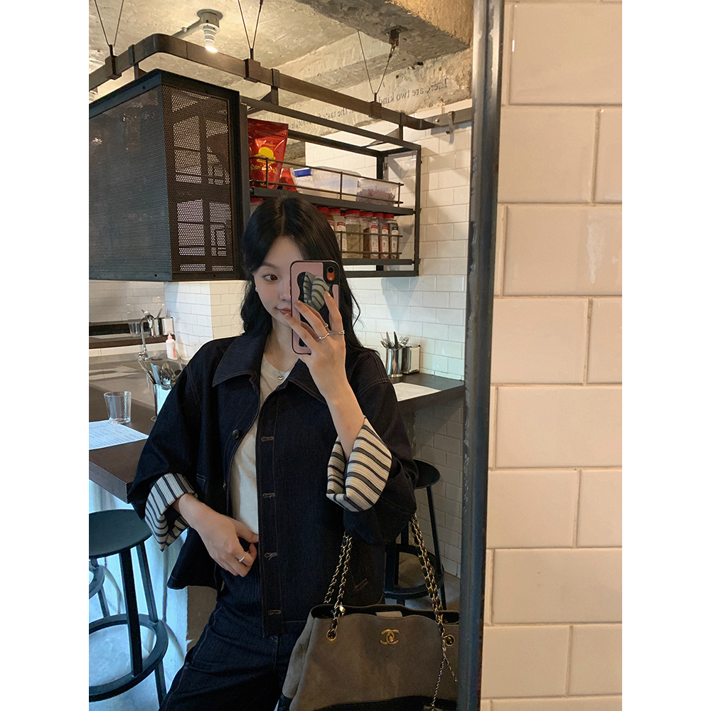 张贝贝 Old Money胶片丹宁 双色坑条 撞色条纹拼接牛仔套装