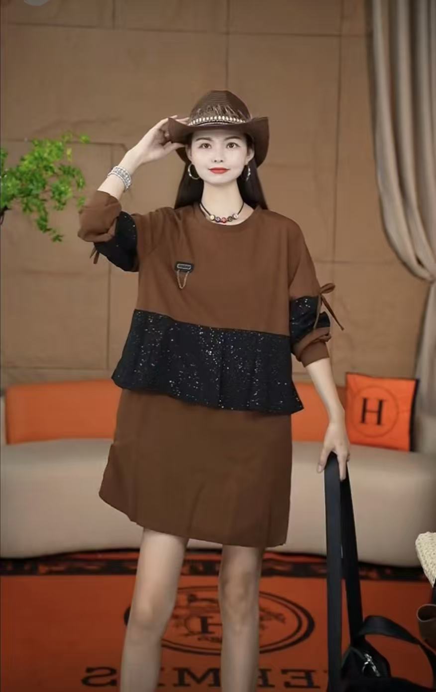 817（安言服饰）常规款拼接长袖高腰大码连衣裙通勤风中长裙慵懒风