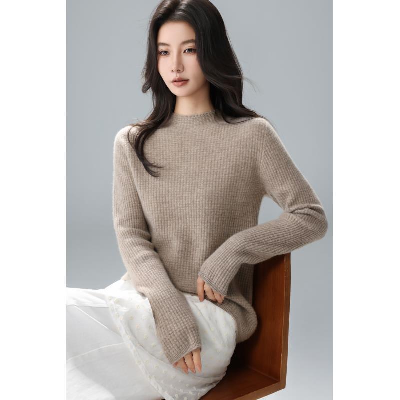【康赛妮高奢100羊绒】9015女士冬季显瘦圆领华夫格保暖羊绒衫打底