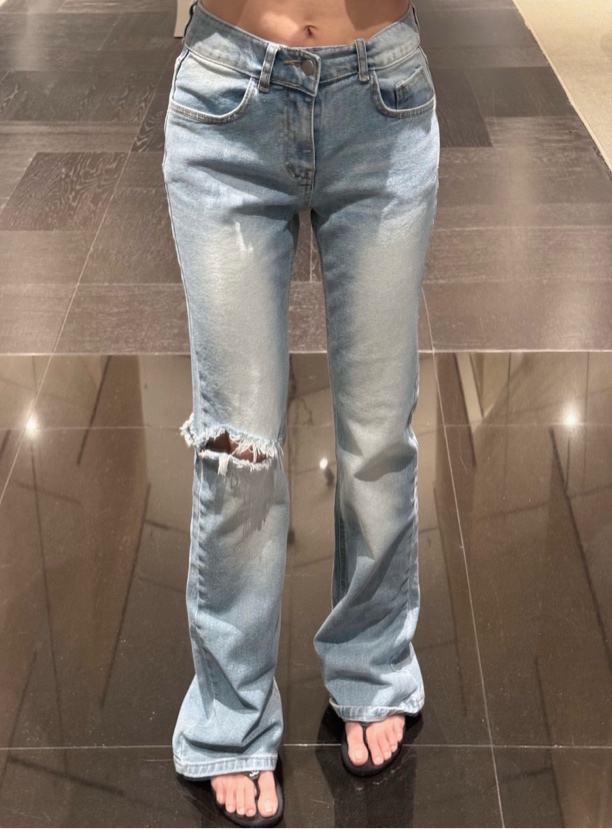 LILULU 单腿破洞 做旧微喇修身复古水洗夏季牛仔