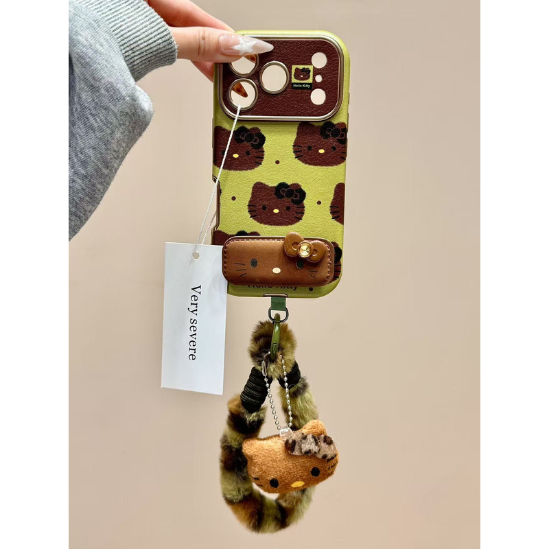 绿底波点黑皮猫咪折叠支架手绳适用苹果17promax手机壳15iphone16