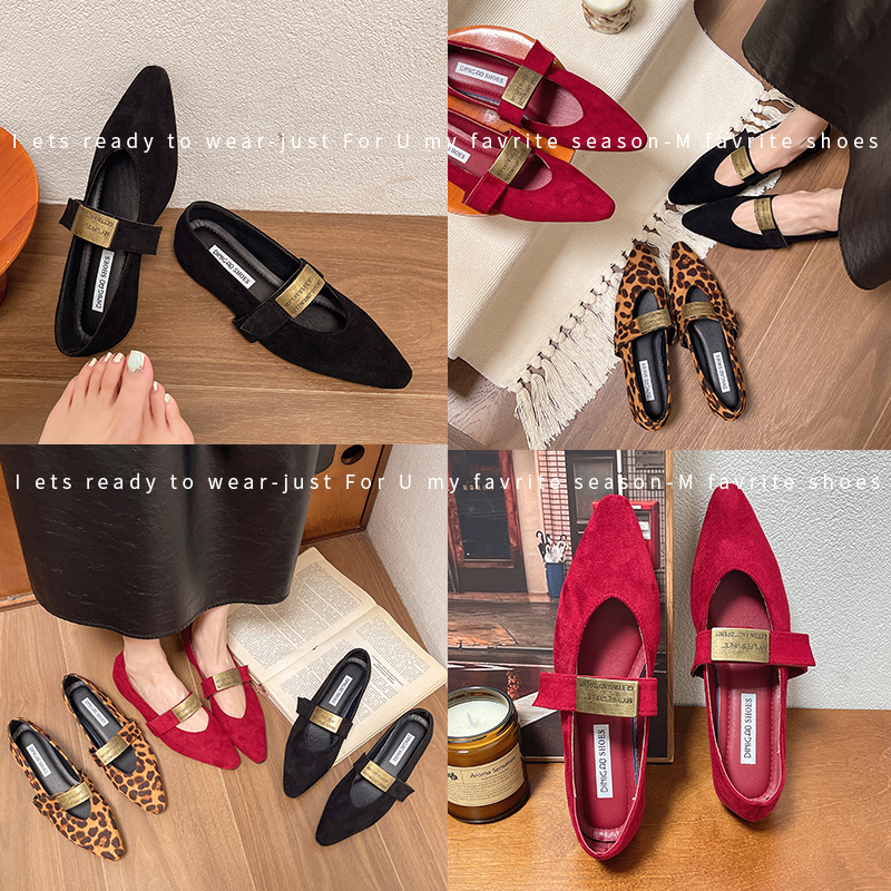 内增高平底时尚秋冬平跟法式单鞋豹纹豆豆鞋乐福鞋尖头百搭增高