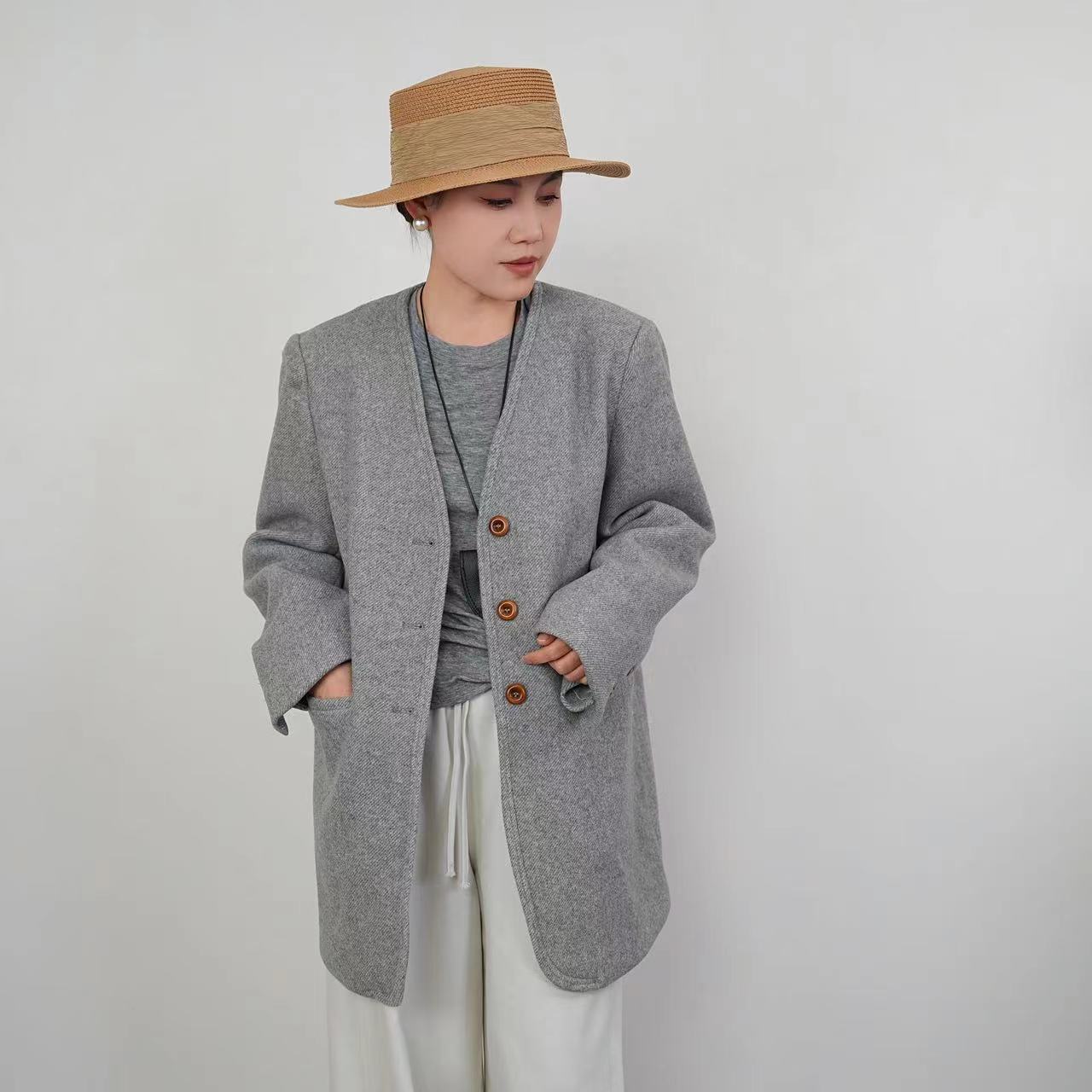 【0834】西装外套~宽松时尚无领西装外套复古高级感气质百搭西服