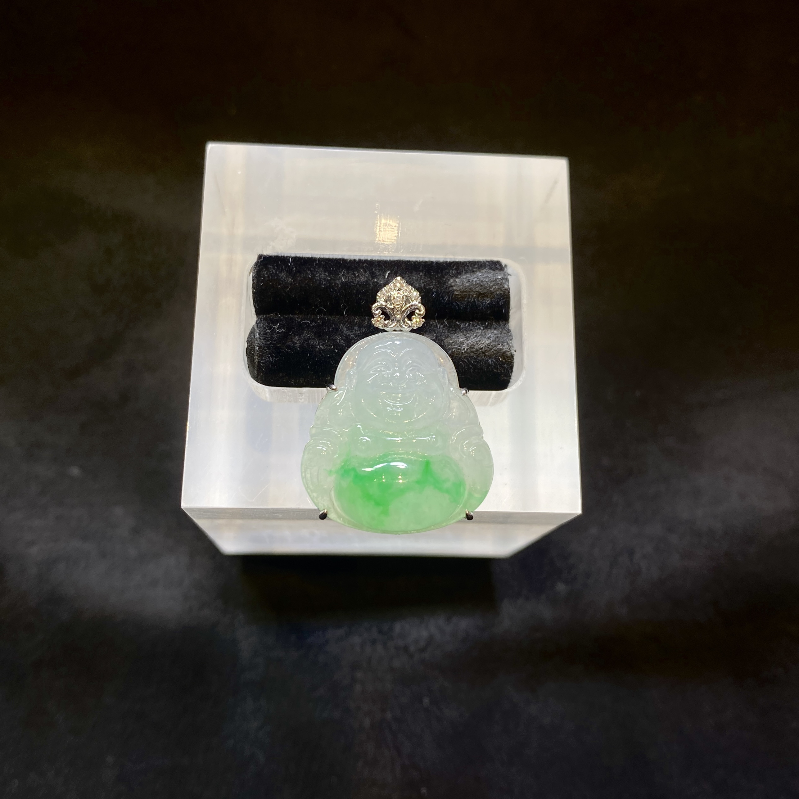 【夏阳翡翠】缅甸天然A货翡翠18k金镶嵌天然南非钻冰透肚里藏金佛公