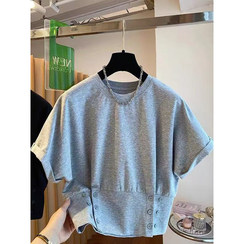 7557 L夏季新款百搭显瘦圆领短袖收腰T恤女宽松休闲短款上衣
