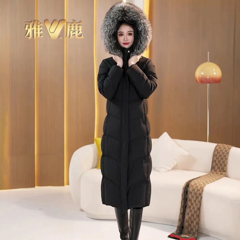 雅鹿新款白鸭绒保暖冬季中长款女士韩版羽绒服加厚大毛领