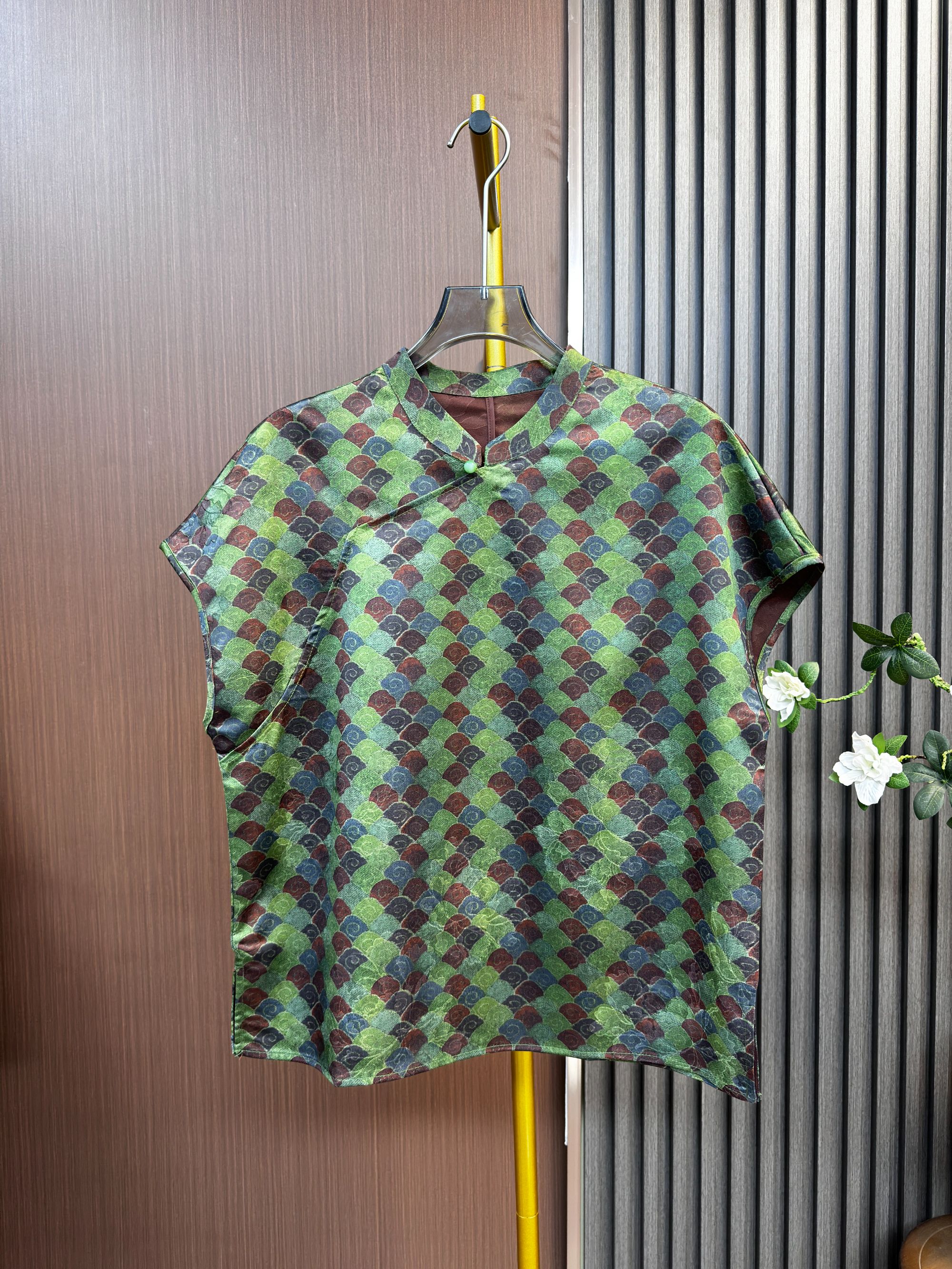 【翠绿】新中式上衣女装短袖夏季薄款国风小衫香云纱时尚百搭衬衫