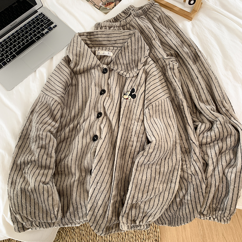 美拉德卡通米奇情侣睡衣女秋冬珊瑚绒加厚保暖男士条纹家居服套装