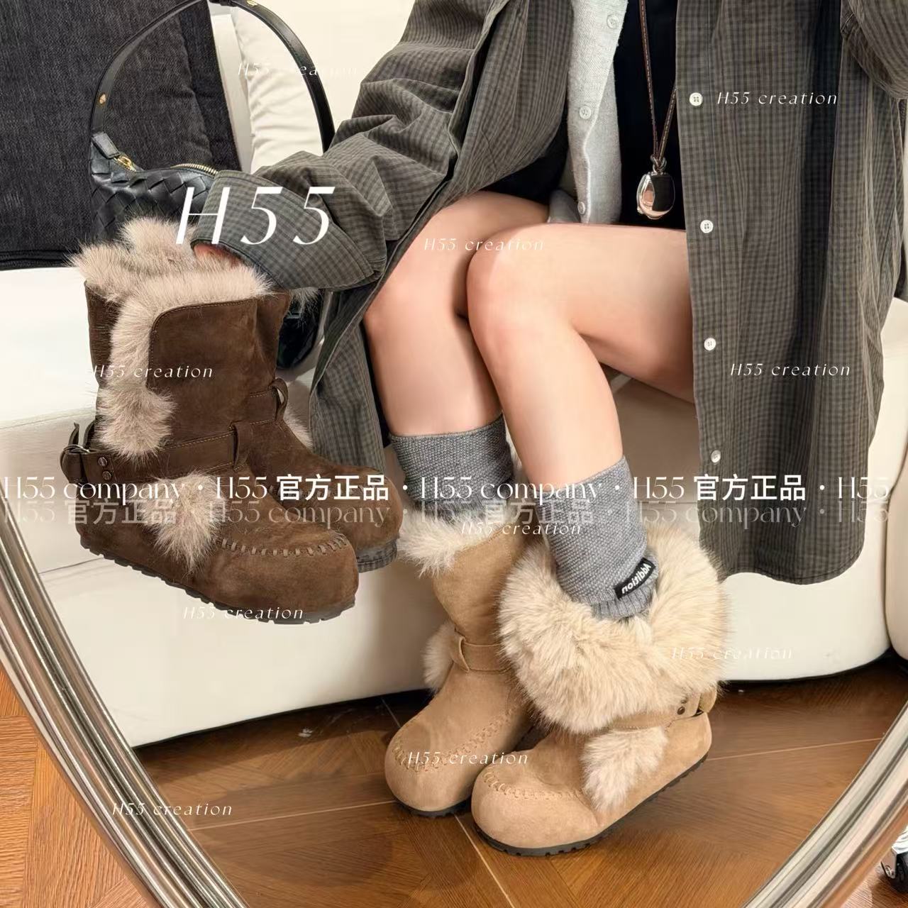 H55女鞋 -可两穿珩线短筒游牧毛毛靴4cm10-3060（萌萌专属）