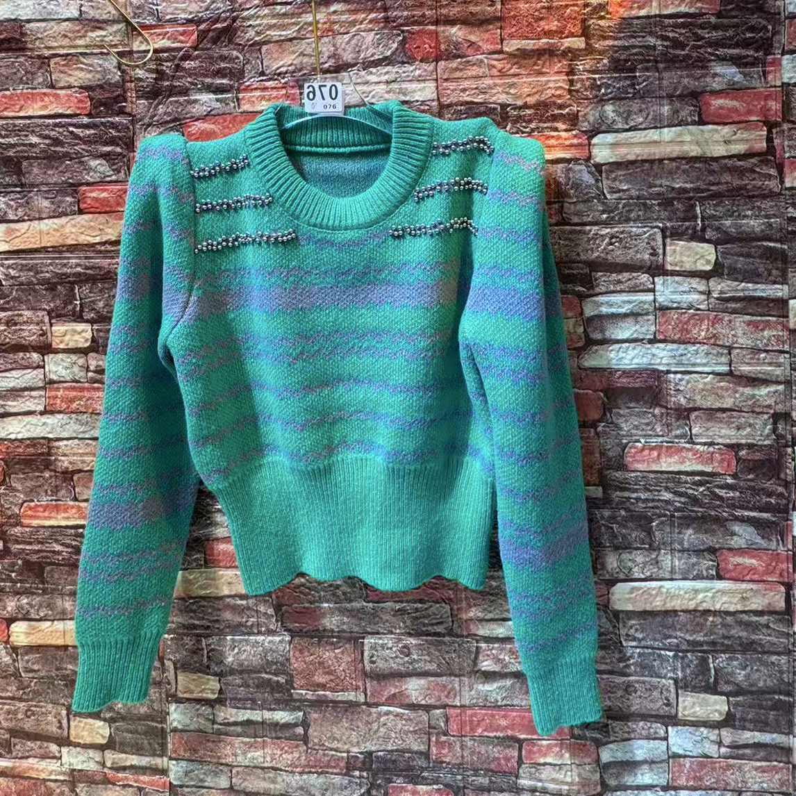 钉珠圆领长袖上衣