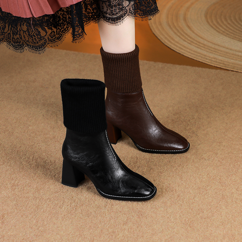 【SLM集合店】软皮软面真皮女靴/羊皮/34-41/1108粗跟圆头靴子针织