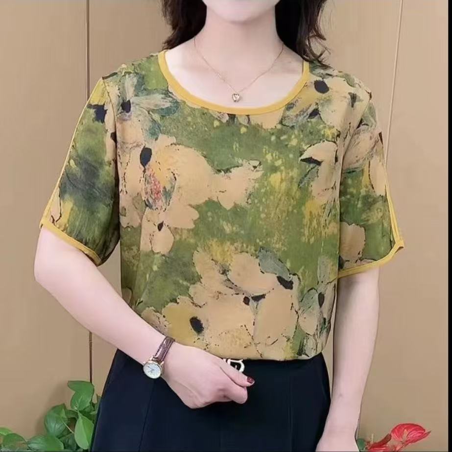 2025夏季新款时尚妈妈装气质印花圆领百搭显瘦洋气减龄短袖上衣