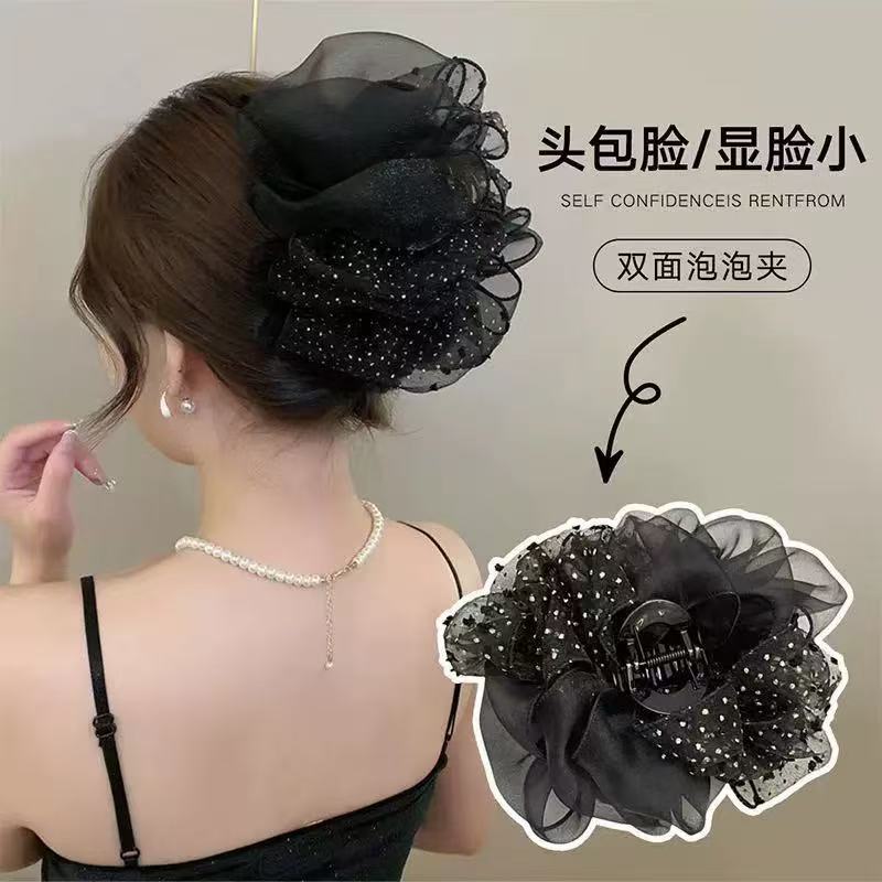 亮面网纱云朵泡泡抓夹蝴蝶结头饰颅顶显脸小气质发夹后脑勺女