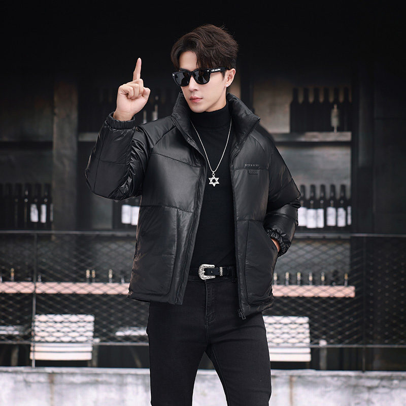 ZISANG6921牛皮真皮羽绒服男鹅绒短款真皮皮衣男立领潮流青年外套