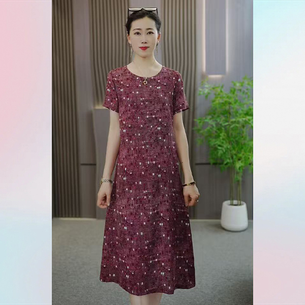 夏季新款晶彩方韵休闲时尚优雅气质百搭减龄宽松大码高级感连衣裙