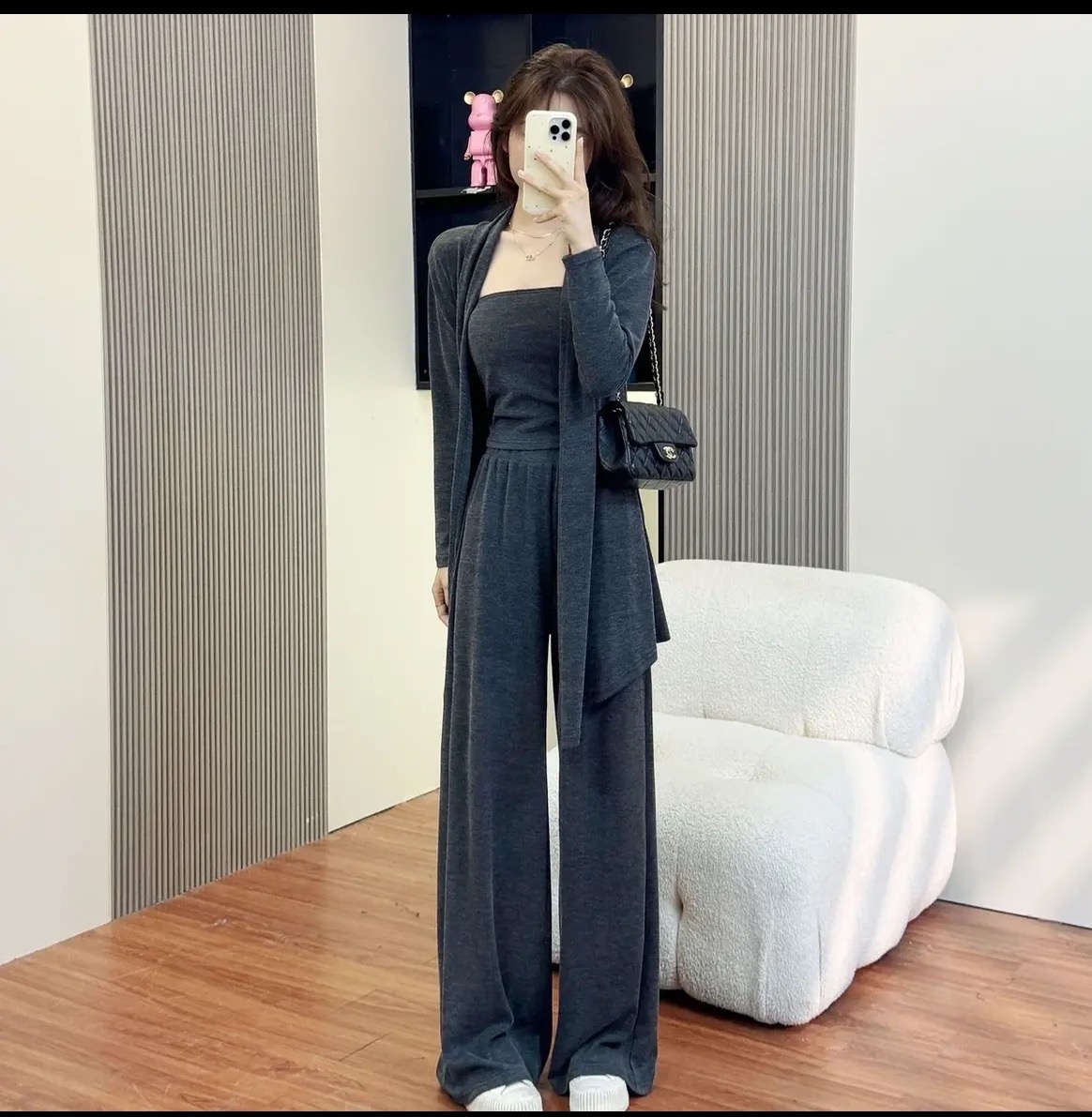 长款0548#糯米三件套套装女休闲显瘦时尚开衫吊带网红洋气春秋